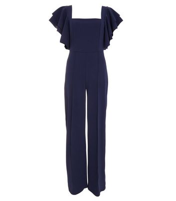 QUIZ Navy Ruffle Sleeve Wide Leg Jumpsuit | New Look