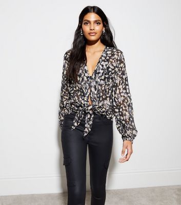 Black Glitter Jacquard Tie Front Blouse | New Look