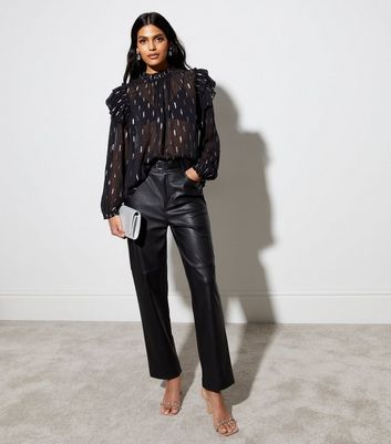 Black Metallic Spot Sheer Frill Blouse | New Look