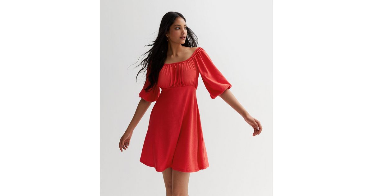 FLOW Red Off Shoulder Winged Bardot Mini Dress
