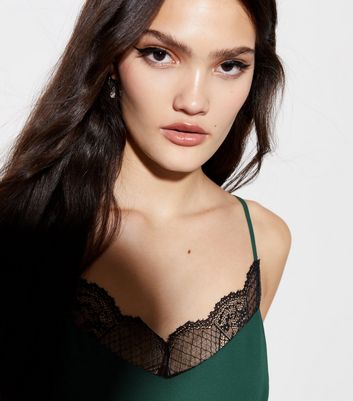 Dark Green Lace Trim Cami Top