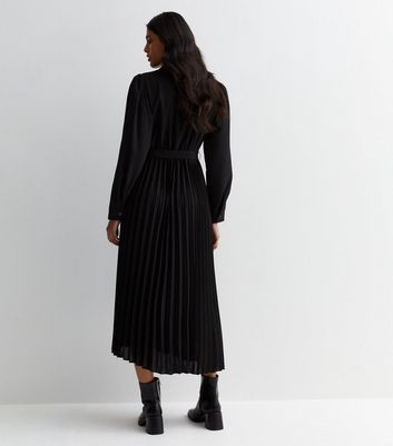 Black Satin Pleated Wrap Midaxi Shirt Dress New Look