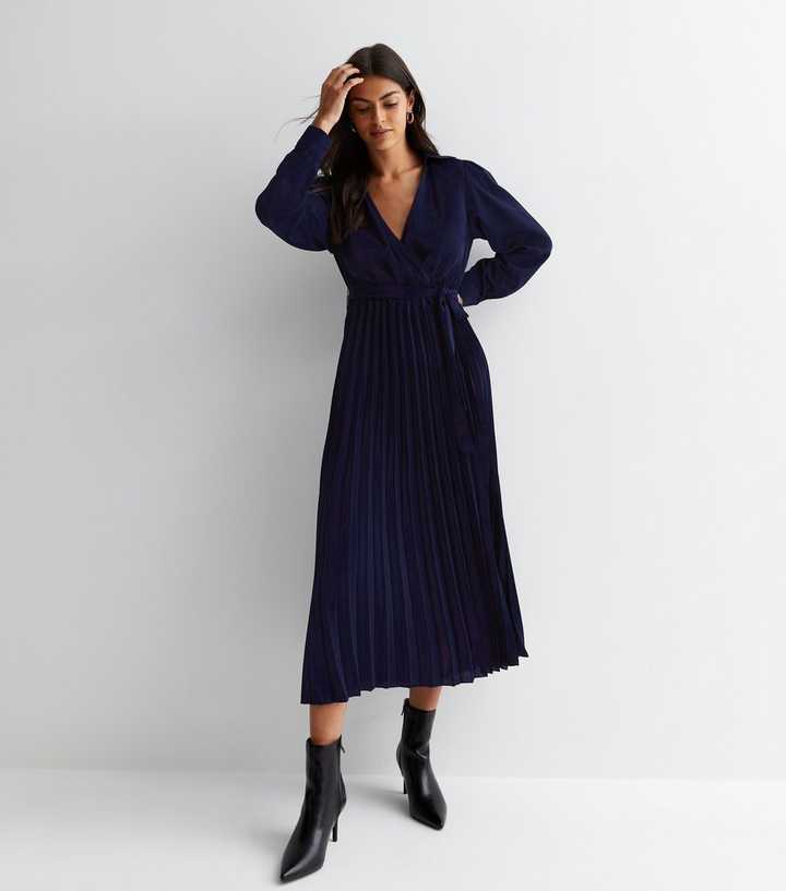new look blue pleated dress New Look Wrap Pleated Mini Dress In Blue Polka Dot