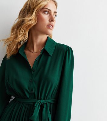 Dark Green Pleated Midaxi Shirt Dress New Look