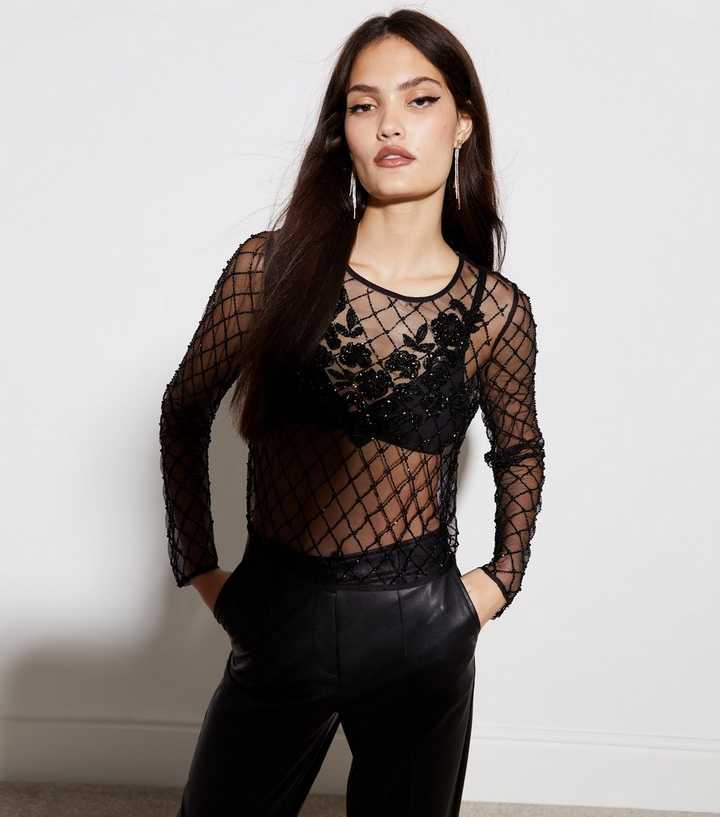Black Sheer Lace Long Sleeve Top – AX Paris