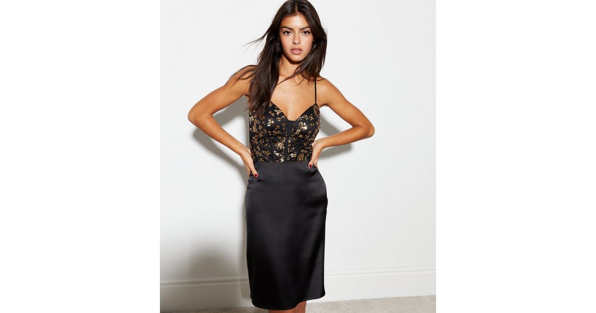 Black Sequin Mesh Bustier Bodysuit New Look