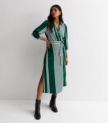 Green Stripe Collared Belted Midaxi Dress New Look