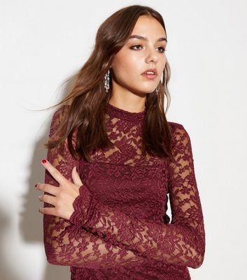 Burgundy Lace Long Sleeve Bodycon Mini Dress New Look