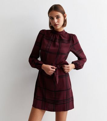 Red Check Belted High Neck Mini Tunic Dress New Look