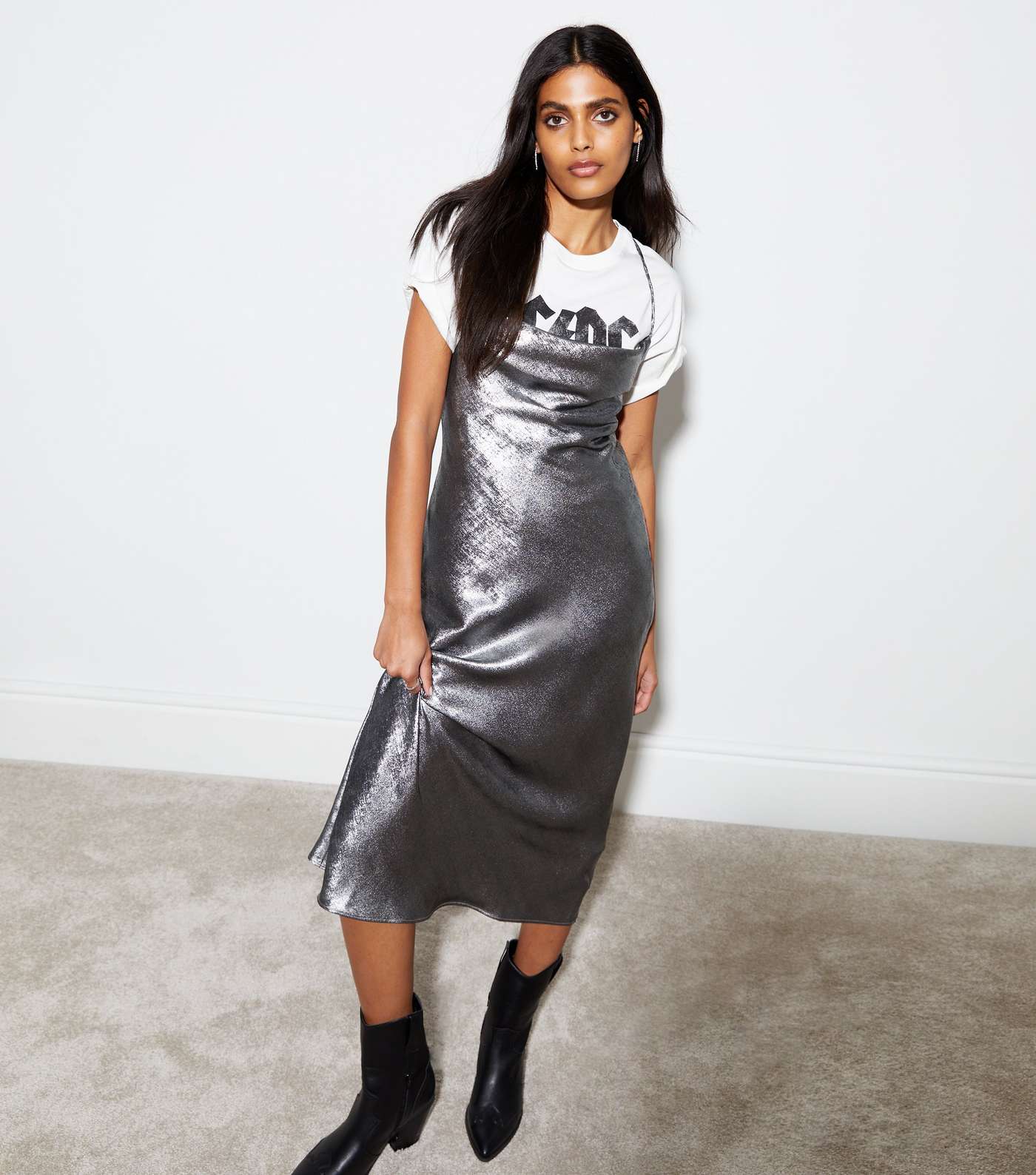 Silver Metallic Foil Cross Back Slip Midaxi Dress Image 2