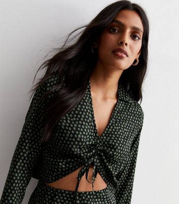 Green Spot Ruched Front Crop Shirt New Look