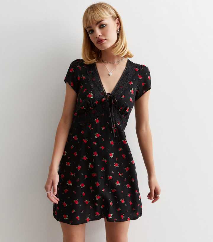 Black Rose Print Mini Dress