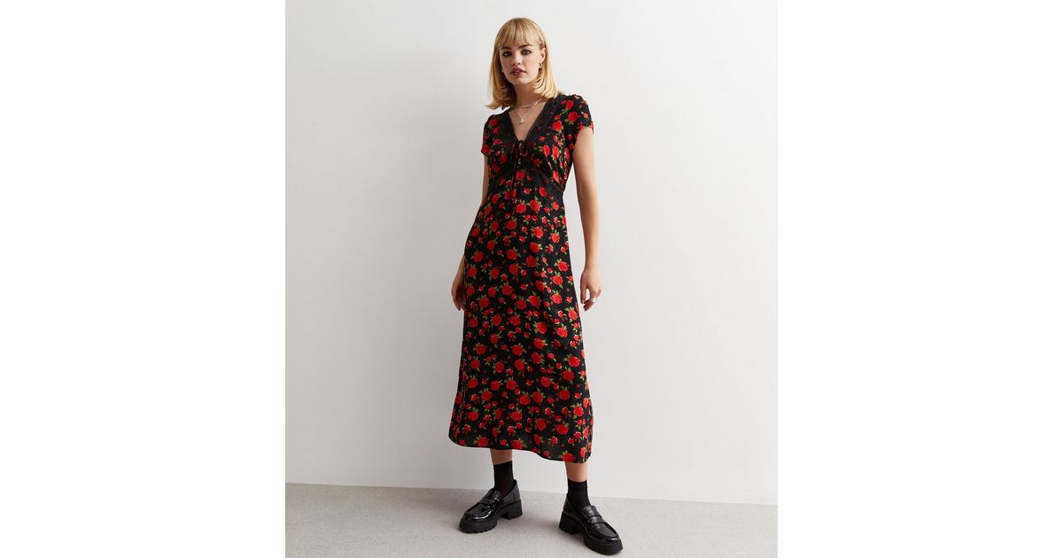 Black Rose Print Lace Trim Midaxi Dress | New Look