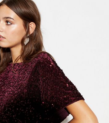 Burgundy Velvet Sequin T-Shirt | New Look