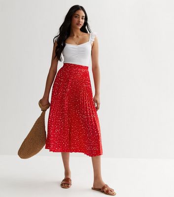 Gini London Red Spot Pleated Midi Skirt New Look