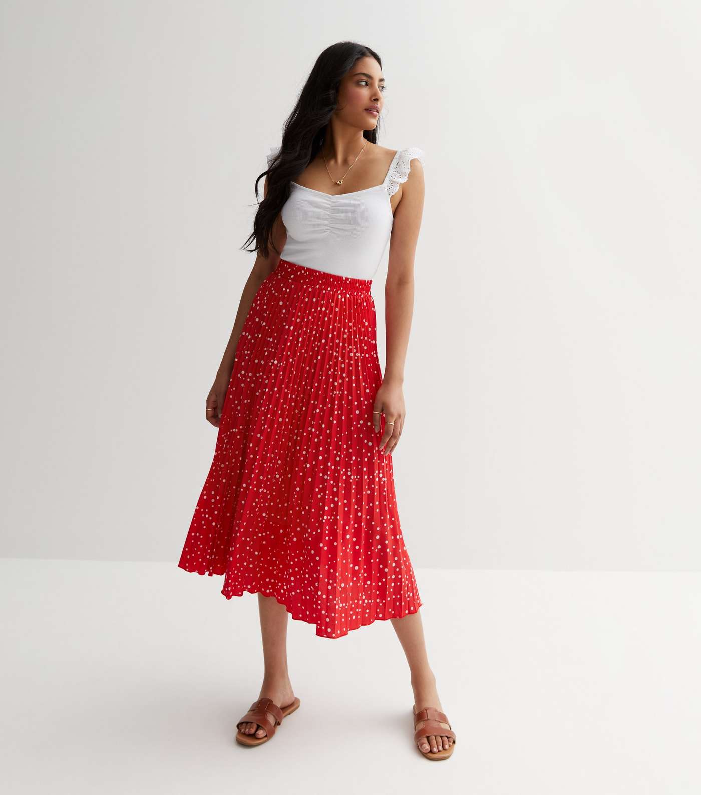 Gini London Red Spot Pleated Midi Skirt Image 2