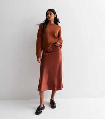 Gini London Rust Satin Midi Skirt New Look