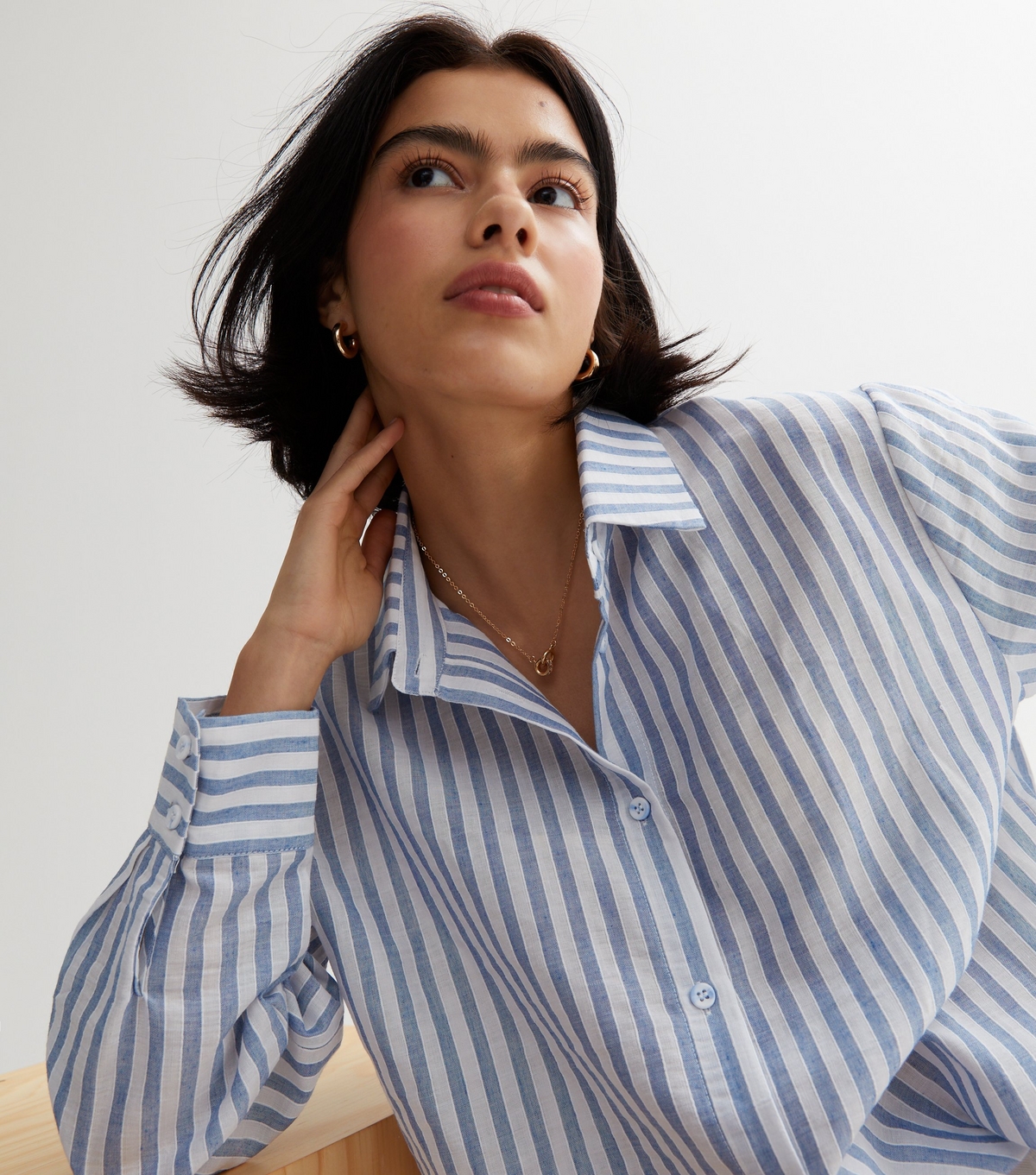 Women's Blue Cotton Stripe Oversized Shirt Gini London New Look