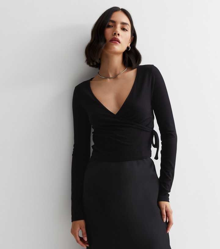 Black Long Sleeve Wrap Top