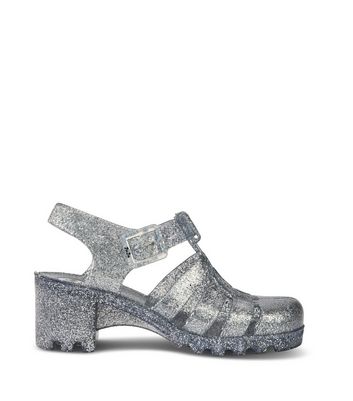JUJU Silver Glitter Chunky Jelly Heel Sandals New Look