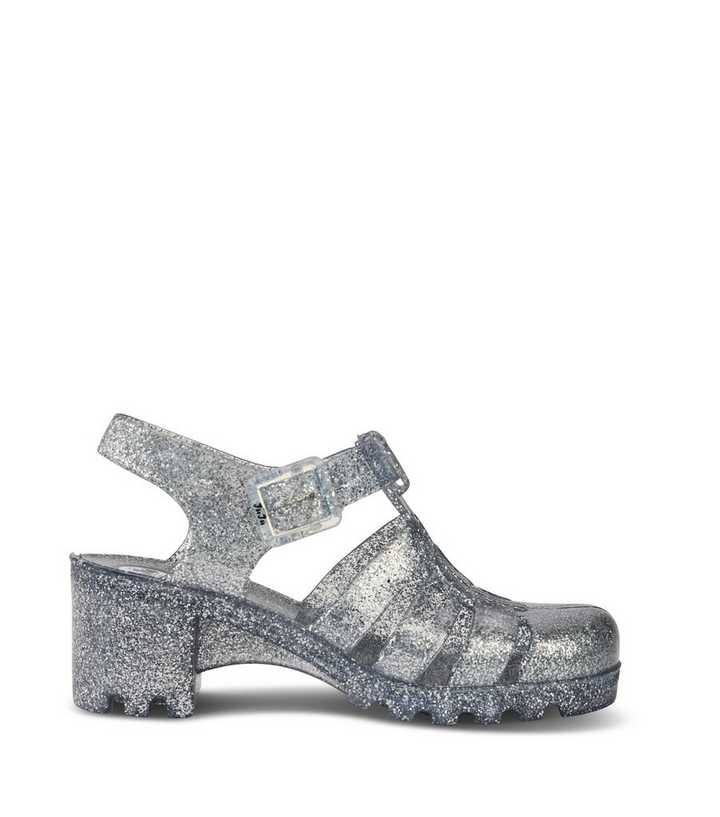 JUJU Silver Glitter Chunky Jelly Heel Sandals