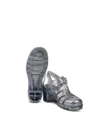 JUJU Silver Glitter Chunky Jelly Heel Sandals New Look