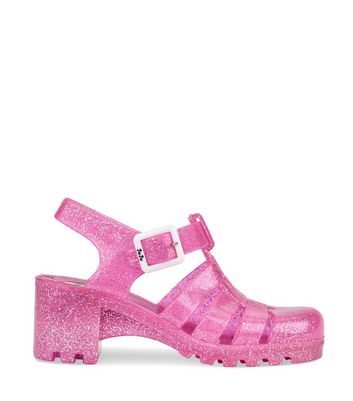 JUJU Pink Glitter Chunky Heel Jelly Sandals New Look