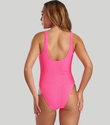 South Beach Bright Pink Ribbed Scoop Neck Swimsuit New Look