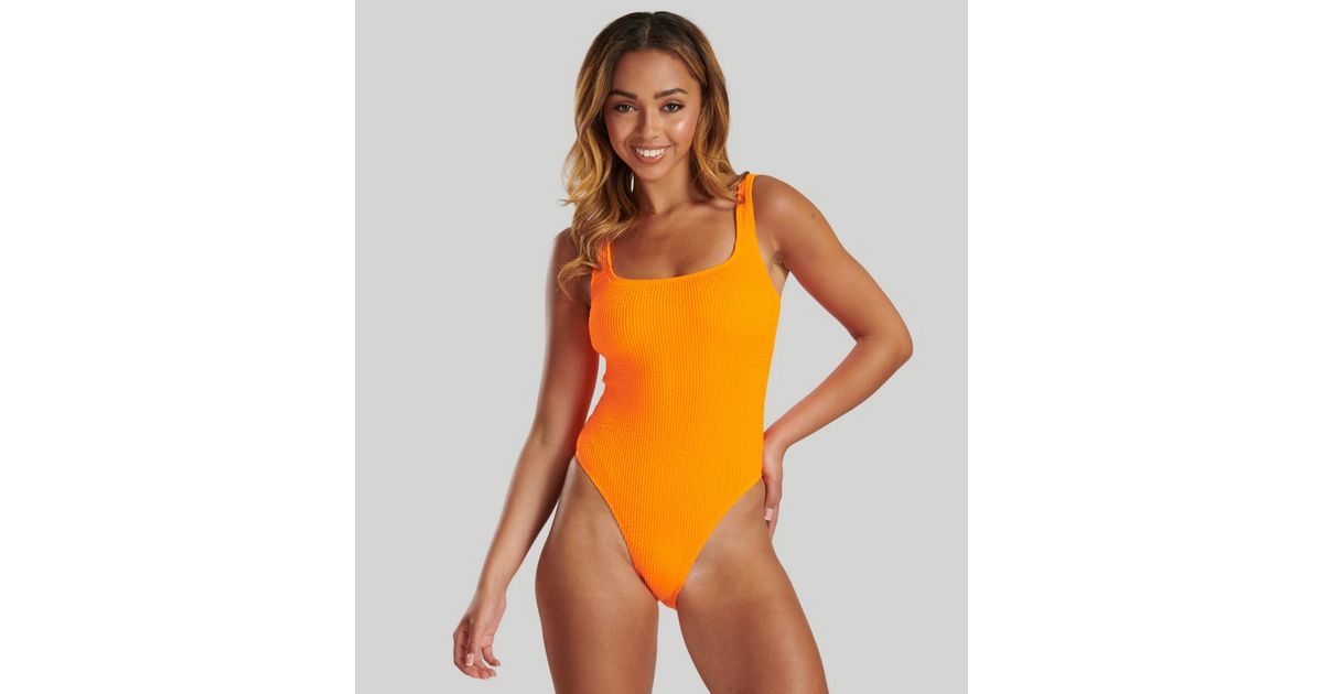 Orange Scoop Neck Ruched Swimsuit