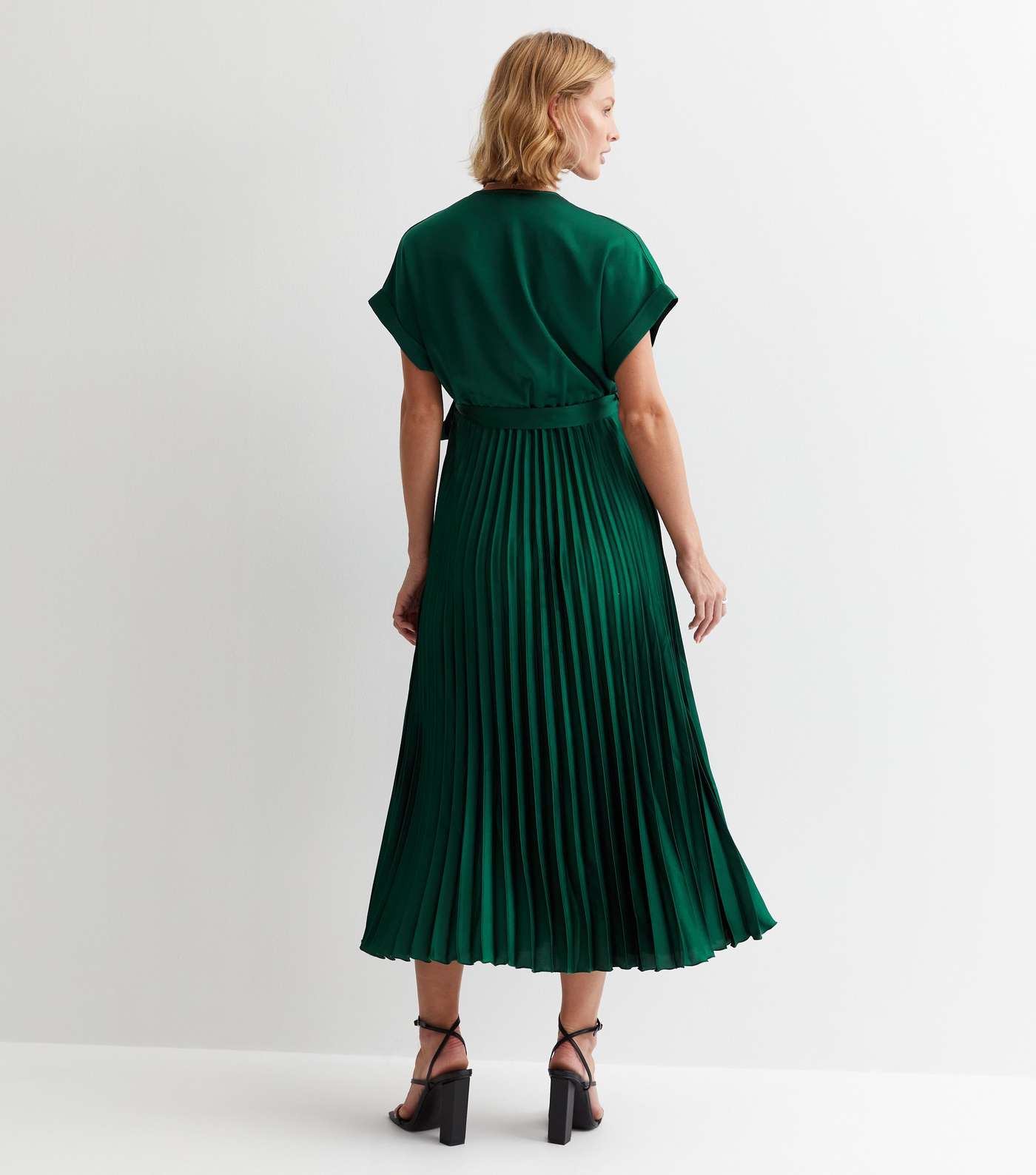 Maternity Dark Green Satin Pleated Wrap Midi Dress Image 4