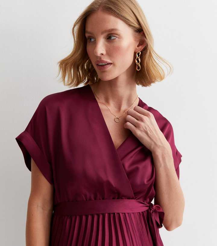 Maternity Burgundy Satin Midi Wrap Dress