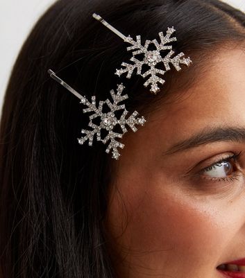 2 Pack Silver Diamant Snowflake Hair Slides New Look