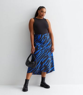 Curves Blue Animal Print Satin Midi Skirt New Look