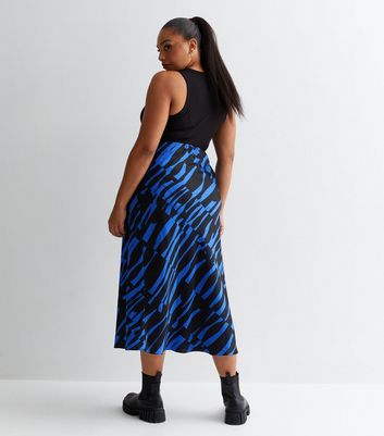 Curves Blue Animal Print Satin Midi Skirt New Look