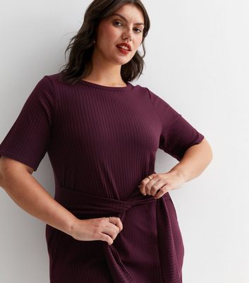 Curves Burgundy Ribbed Tie Front Mini Dress New Look