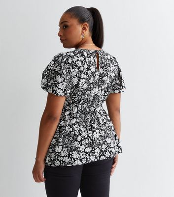 Curves Black Floral V Neck Puff Sleeve Top New Look