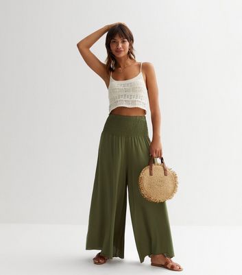 Cameo Rose Olive Shirred Waist Wide Leg Trousers | New Look
