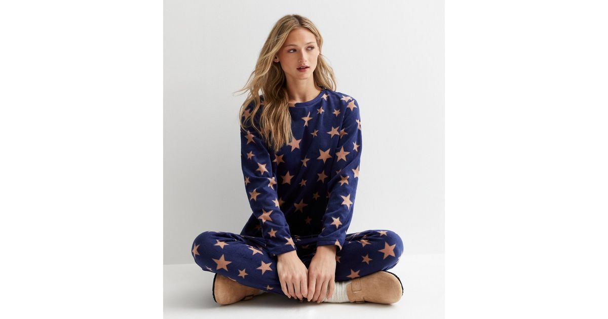 Blue Fleece Jogger Pyjama Set with Star Print New Look