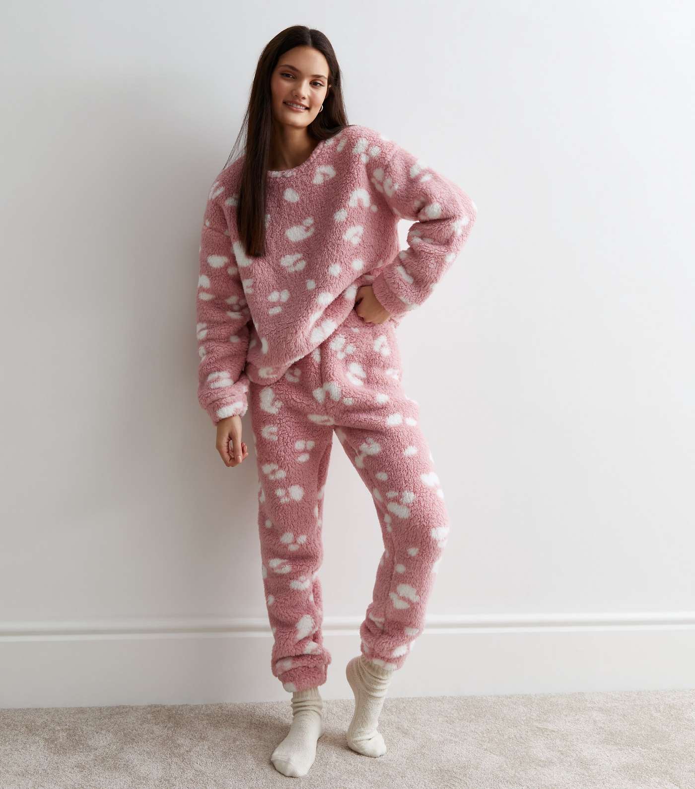 Pink Borg Pyjama Top with Animal Print Image 3