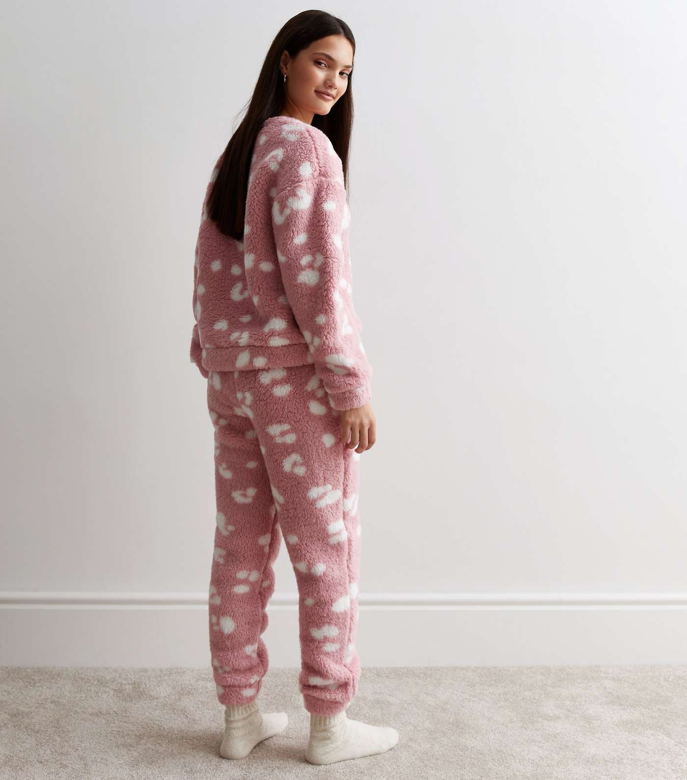 Pink Borg Pyjama Joggers with Animal Print Image 4