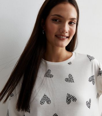 White Pyjama Sweatshirt with Animal Heart Print New Look