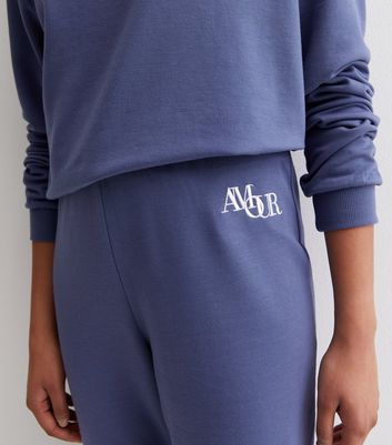 Blue Embroidered Amour Logo Cuffed Pyjama Joggers New Look