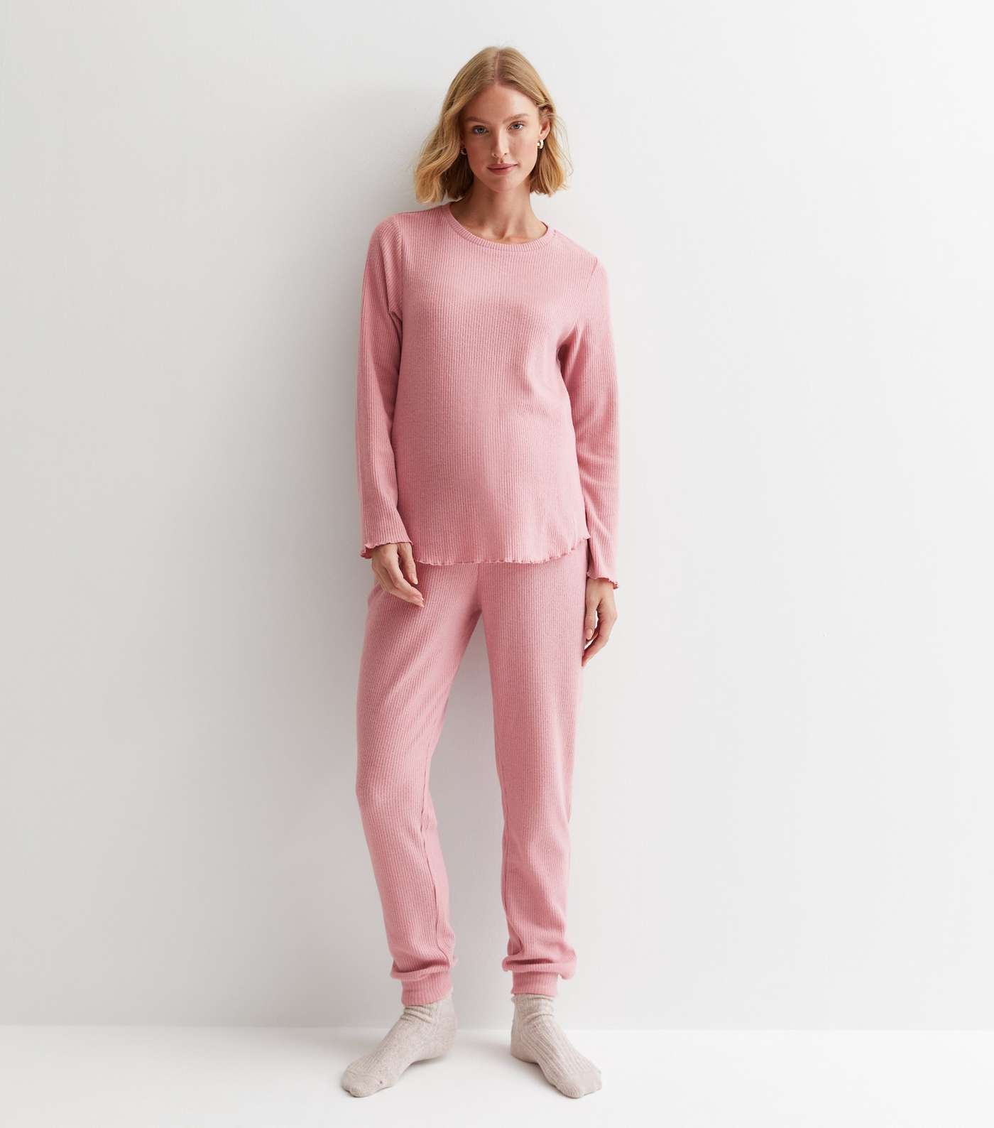 Maternity Pink Ribbed Jersey Long Sleeve Pyjama Top Image 2