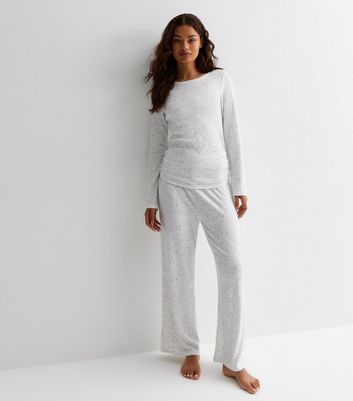 Petite Off White Ribbed Wide Leg Pyjama Trousers New Look