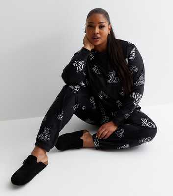 Curves Black Fleece Jogger Pyjama Set with Animal Heart Print