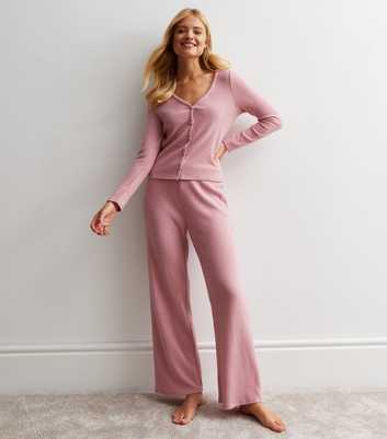 Mid Pink Ribbed Wide Leg Trousers