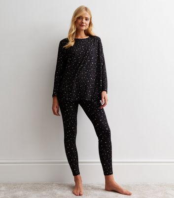 Black Soft Touch Legging Pyjama Set with Foil Star Print