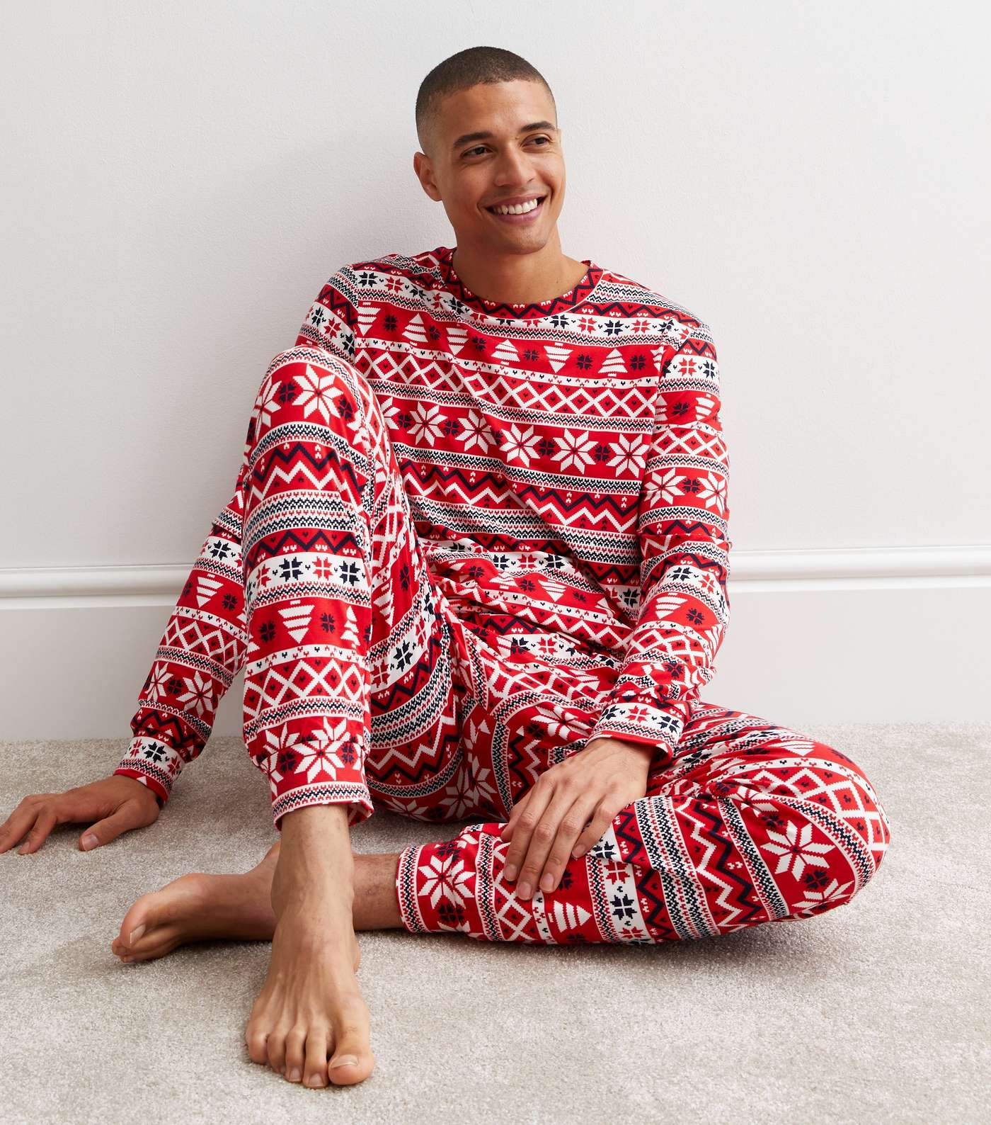 Red Soft Touch Christmas Family Pyjama Set with Fair Isle Pattern