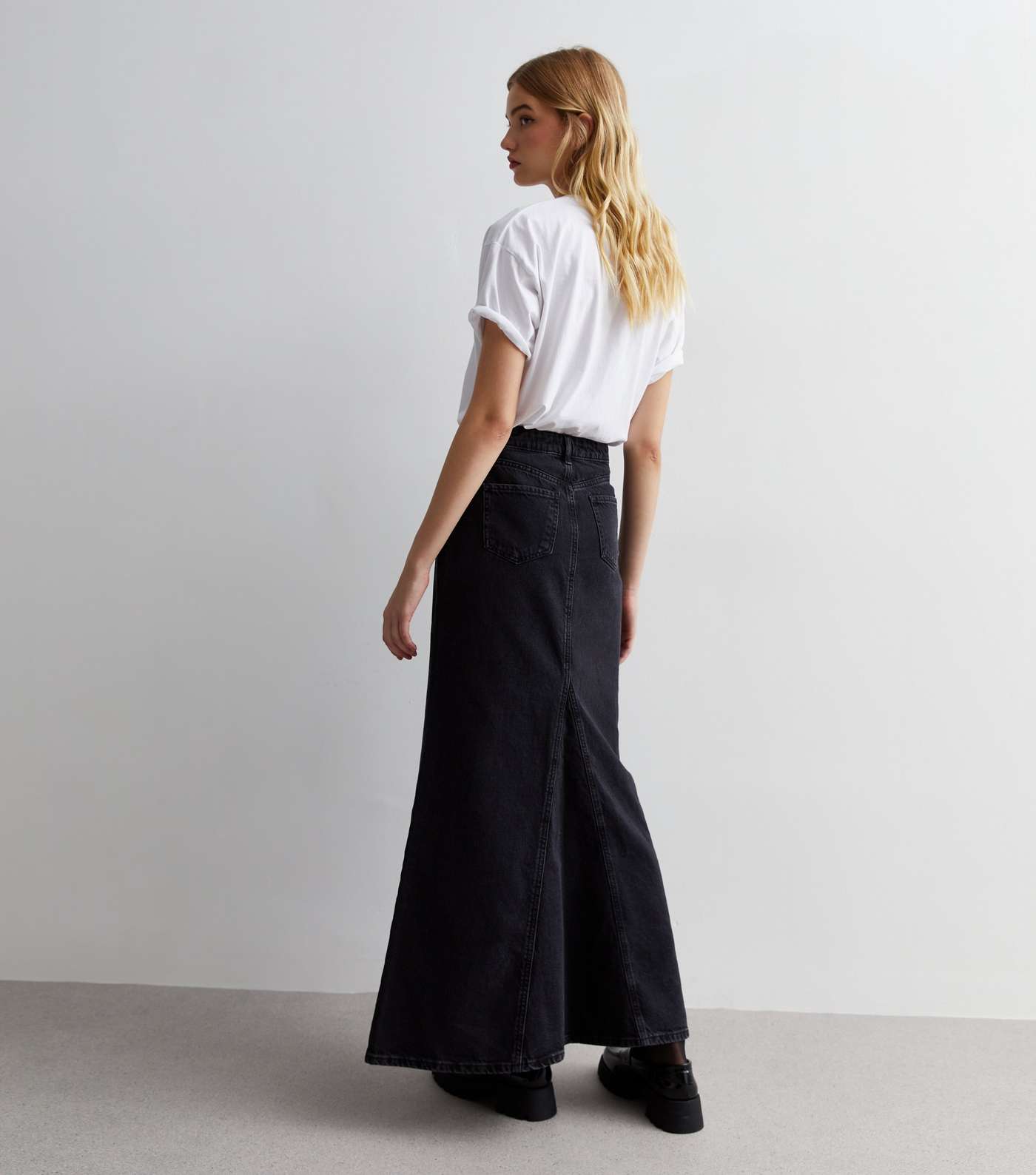 Black Denim Flared Maxi Skirt Image 3