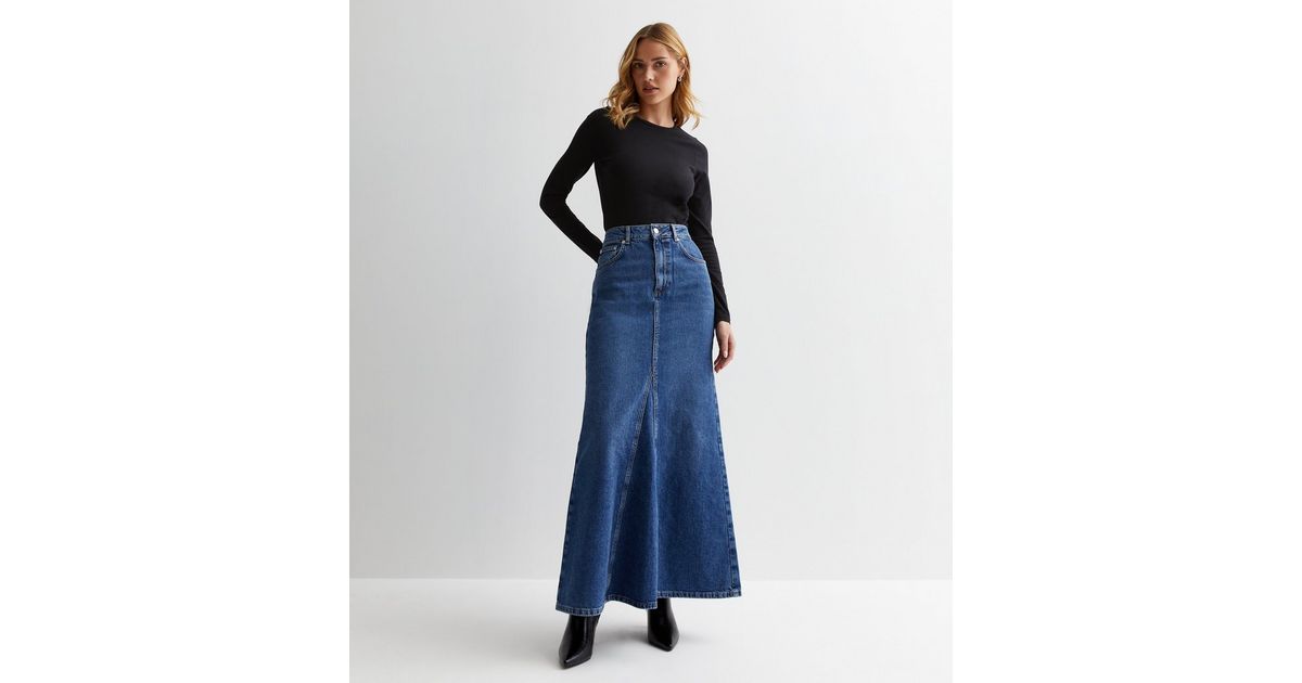 Blue Denim Flared Maxi Skirt New Look